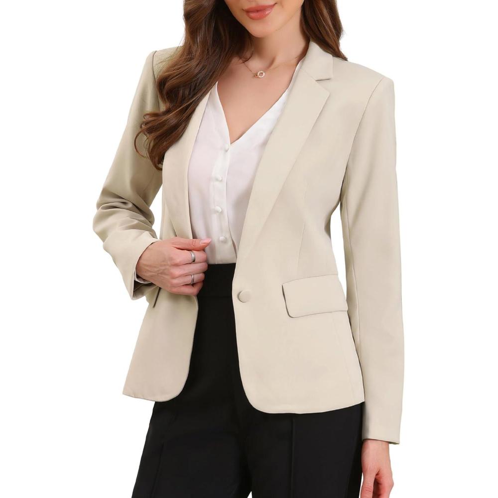 imageAllegra K Blazers for Women Business Casual Long Sleeve One Button Pockets Suit Jackets Work Office Blazer with Shoulder PadsKhaki
