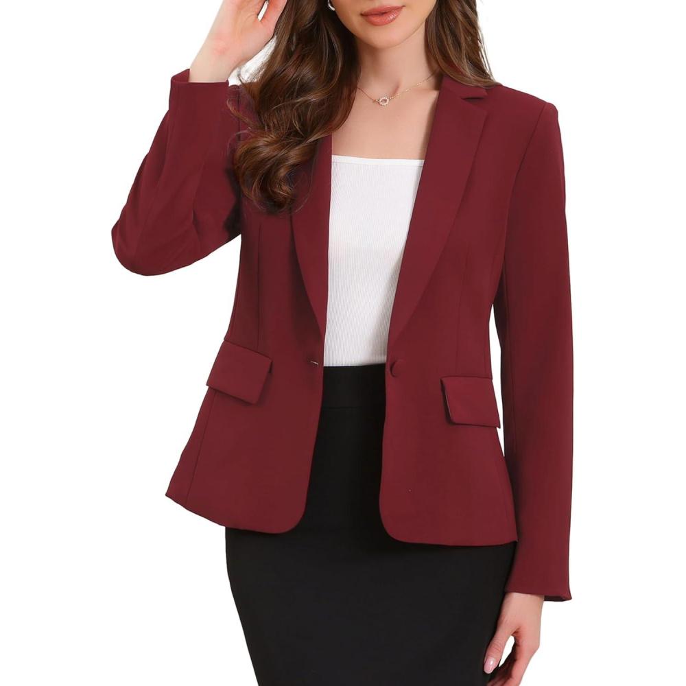 imageAllegra K Blazers for Women Business Casual Long Sleeve One Button Pockets Suit Jackets Work Office Blazer with Shoulder PadsWine Red