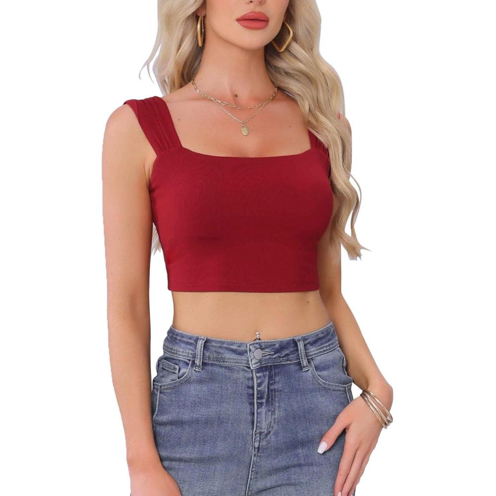 imageAllegra K Square Neck Tank Top for Women Summer Sleeveless Fitted Going Out Crop TopDark Red