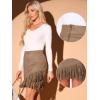 imageAllegra K Faux Suede Skirt for Womens Vintage High Waist Fringe Trim Stretch Bodycon Mini SkirtsCamel