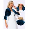 imageAllegra K Velvet Shrug Top for Womens 34 Sleeve Open Front Ruffled Cocktail Party Cropped CardiganPeacock Blue