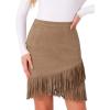imageAllegra K Faux Suede Skirt for Womens Vintage High Waist Fringe Trim Stretch Bodycon Mini SkirtsCamel