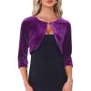 imageAllegra K Velvet Shrug for Women Crew Neck Ruched 34 Sleeves Cocktail Party Cropped CardiganPurple