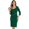 imageAllegra K Work Office Dress for Womens 34 Sleeve Belted Sweetheart Neck Sheath DressDark Green
