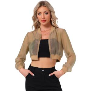 imageAllegra K Bomber Crop Jacket for Womens Sheer Mesh Lightweight Long Sleeve JacketsKhaki