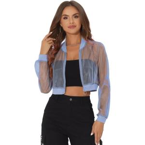imageAllegra K Bomber Crop Jacket for Womens Sheer Mesh Lightweight Long Sleeve JacketsLight Blue