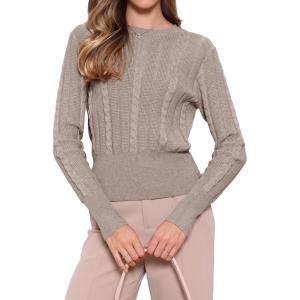 imageAllegra K Cable Knit Sweater for Womens Long Sleeve Tops Crew Neck Pullover Tops Casual Fall OutfitsBeige