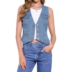 imageAllegra K Collarless Denim Vest for Womens Button Down V Neck Western Waistcoat Sleeveless Jean JacketBlue