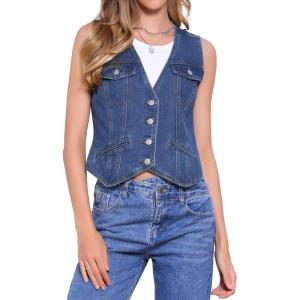imageAllegra K Collarless Denim Vest for Womens Button Down V Neck Western Waistcoat Sleeveless Jean JacketDark Blue