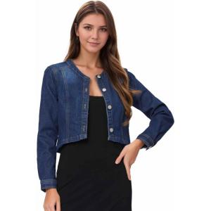 imageAllegra K Denim Jacket for Womens Collarless Button Down Crop Jean JacketsDark Blue
