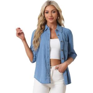 imageAllegra K Denim Shirt for Womens 34 Puff Sleeve Collar Button Down Jean ShirtsBlue