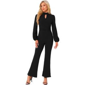 imageAllegra K Dressy Jumpsuits for Womens Long Sleeve High Waist Elegant Party Bell Bottom Pants JumpsuitBlack