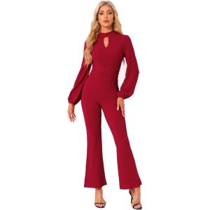 imageAllegra K Dressy Jumpsuits for Womens Long Sleeve High Waist Elegant Party Bell Bottom Pants JumpsuitRed