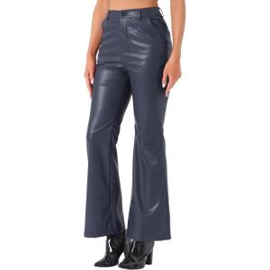 imageAllegra K Faux Leather Casual Pant for Womens High Waist Bell Bottom Flared Long PU TrouserDark Blue