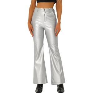 imageAllegra K Faux Leather Casual Pant for Womens High Waist Bell Bottom Flared Long PU TrouserSilver