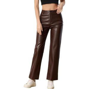 imageAllegra K Faux Leather Pants for Womens High Waist Straight Leg Punk PU TrousersBrown