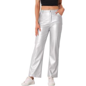 imageAllegra K Faux Leather Pants for Womens High Waist Straight Leg Punk PU TrousersSilver