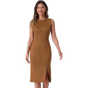 imageAllegra K Faux Suede Dresses for Womens Sleeveless Crewneck Split Hem Work Office Sheath DressBrown