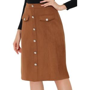 imageAllegra K Faux Suede Skirt for Womens Button Front High Waist 2025 Fall Knee Length ALine SkirtsBrown