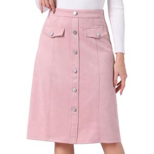 imageAllegra K Faux Suede Skirt for Womens Button Front High Waist 2025 Fall Knee Length ALine SkirtsPink