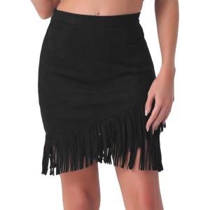 imageAllegra K Faux Suede Skirt for Womens Vintage High Waist Fringe Trim Stretch Bodycon Mini SkirtsBlack