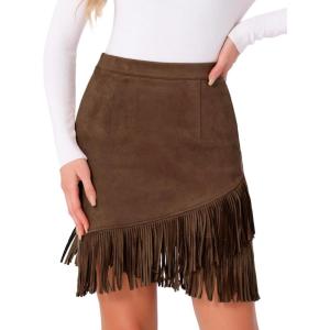 imageAllegra K Faux Suede Skirt for Womens Vintage High Waist Fringe Trim Stretch Bodycon Mini SkirtsDark Brown