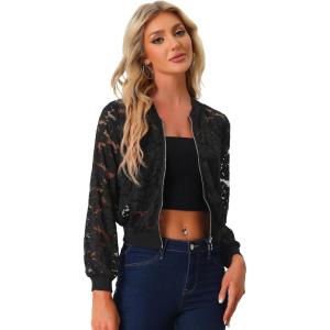 imageAllegra K Lace Jackets for Womens Stand Collar Zip Up Lightweight Gothic Sheer Baseball JacketBlack