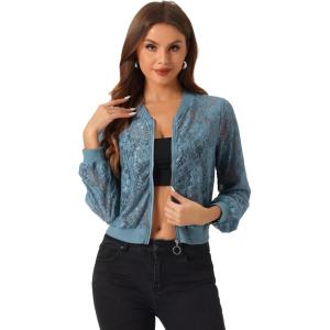 imageAllegra K Lace Jackets for Womens Stand Collar Zip Up Lightweight Gothic Sheer Baseball JacketBlue Grey