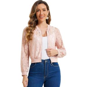imageAllegra K Lace Jackets for Womens Stand Collar Zip Up Lightweight Gothic Sheer Baseball JacketPink