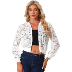 imageAllegra K Lace Jackets for Womens Stand Collar Zip Up Lightweight Gothic Sheer Baseball JacketWhite