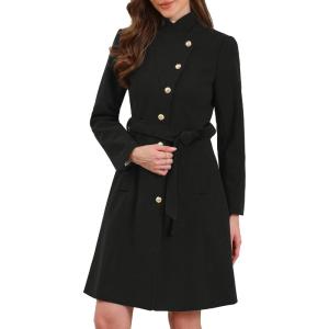 imageAllegra K Pea Coats for Women Fall Winter Stand Collar Single Breasted Long Trench Coat with Belt 2025Black