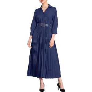 imageAllegra K Semi Formal Pleated Dress for Womens 34 Sleeves Empire Waist Wedding Guest Maxi Dress with BeltDark Blue