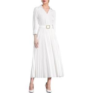 imageAllegra K Semi Formal Pleated Dress for Womens 34 Sleeves Empire Waist Wedding Guest Maxi Dress with BeltWhite