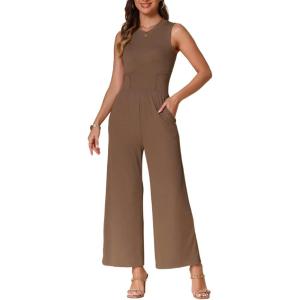 imageAllegra K Summer Jumpsuit for Womens Dressy Casual Outfits Sleeveless Crewneck Wide Leg PantsBrown