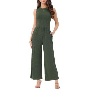 imageAllegra K Summer Jumpsuit for Womens Dressy Casual Outfits Sleeveless Crewneck Wide Leg PantsGreen