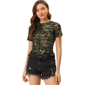 imageAllegra K Womens 80s Disco Outfit Party Club Sparkly Rainbow Metallic TopBlack Gold