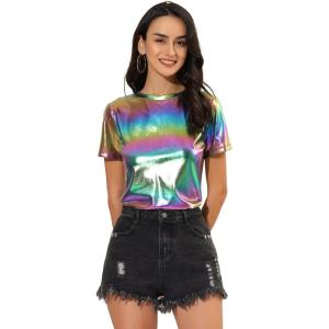 imageAllegra K Womens 80s Disco Outfit Party Club Sparkly Rainbow Metallic TopColorful