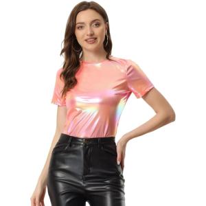 imageAllegra K Womens 80s Disco Outfit Party Club Sparkly Rainbow Metallic TopDark Pink