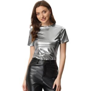 imageAllegra K Womens 80s Disco Outfit Party Club Sparkly Rainbow Metallic TopDark Silver