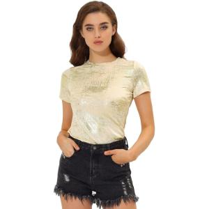 imageAllegra K Womens 80s Disco Outfit Party Club Sparkly Rainbow Metallic TopLight Gold
