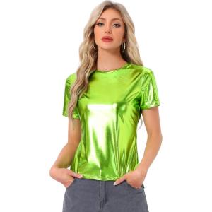 imageAllegra K Womens 80s Disco Outfit Party Club Sparkly Rainbow Metallic TopMustard Green