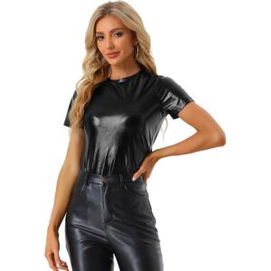 imageAllegra K Womens 80s Disco Outfit Party Club Sparkly Rainbow Metallic TopShiny Black