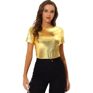 imageAllegra K Womens 80s Disco Outfit Party Club Sparkly Rainbow Metallic TopShiny Gold