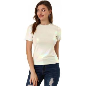 imageAllegra K Womens 80s Disco Outfit Party Club Sparkly Rainbow Metallic TopSliver