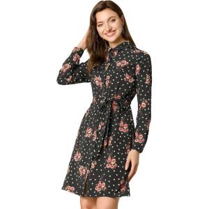 imageAllegra K Womens Button Down Vintage Polka Dots Dresses Collar Tie Belted Floral Shirt DressBlack Red