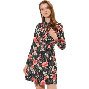 imageAllegra K Womens Button Down Vintage Polka Dots Dresses Collar Tie Belted Floral Shirt DressBlack Redflower