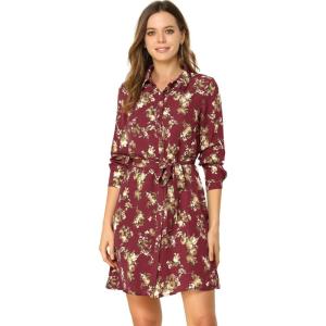 imageAllegra K Womens Button Down Vintage Polka Dots Dresses Collar Tie Belted Floral Shirt DressBurgundy