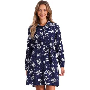 imageAllegra K Womens Button Down Vintage Polka Dots Dresses Collar Tie Belted Floral Shirt DressNavy Blue