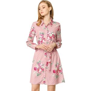imageAllegra K Womens Button Down Vintage Polka Dots Dresses Collar Tie Belted Floral Shirt DressPink
