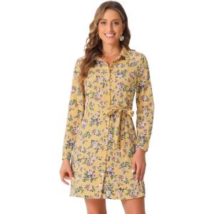 imageAllegra K Womens Button Down Vintage Polka Dots Dresses Collar Tie Belted Floral Shirt DressYellow